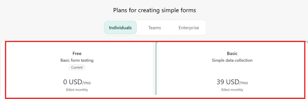 Typeform Individual Plans